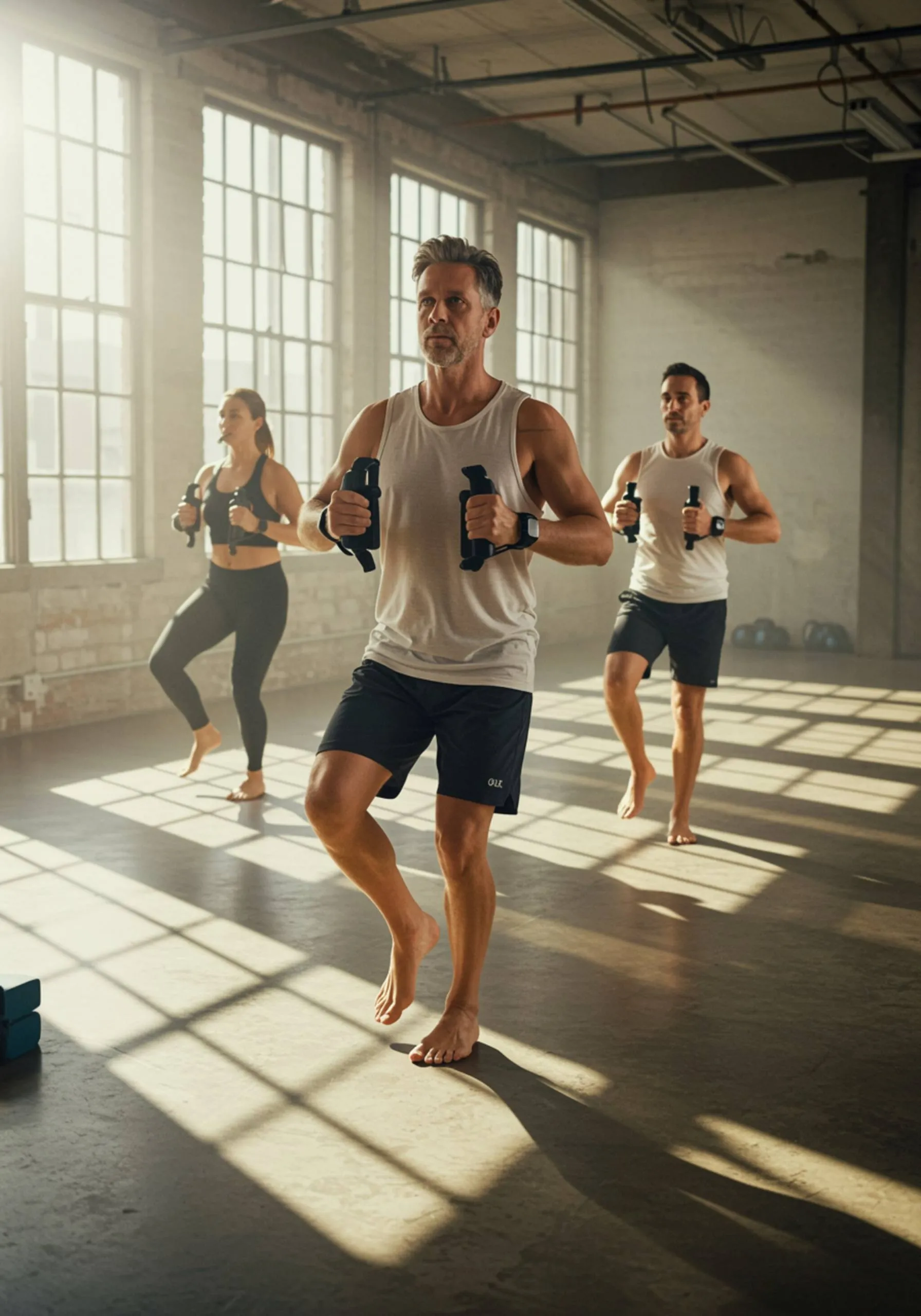 imagen14 "Grupo motivacional de hombres y mujeres realizando ejercicios de respiración sincronizada en un estudio luminoso, promoviendo el bienestar holístico."