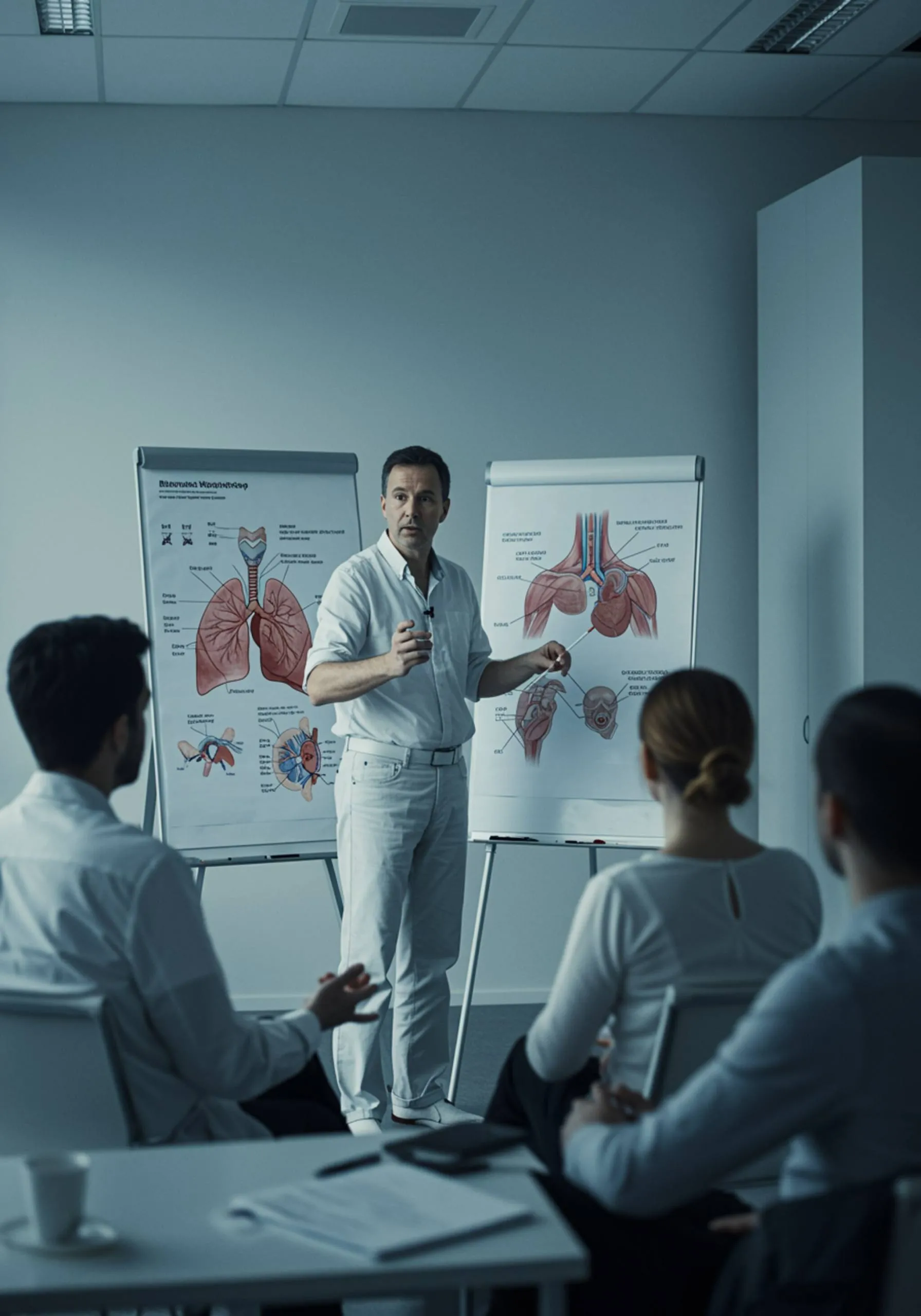 imagen15 "Instructor muestra técnicas avanzadas de respiración en un taller profesional, rodeado de participantes en un ambiente minimalista, con diagramas anatómicos de pulmones en un flip chart."