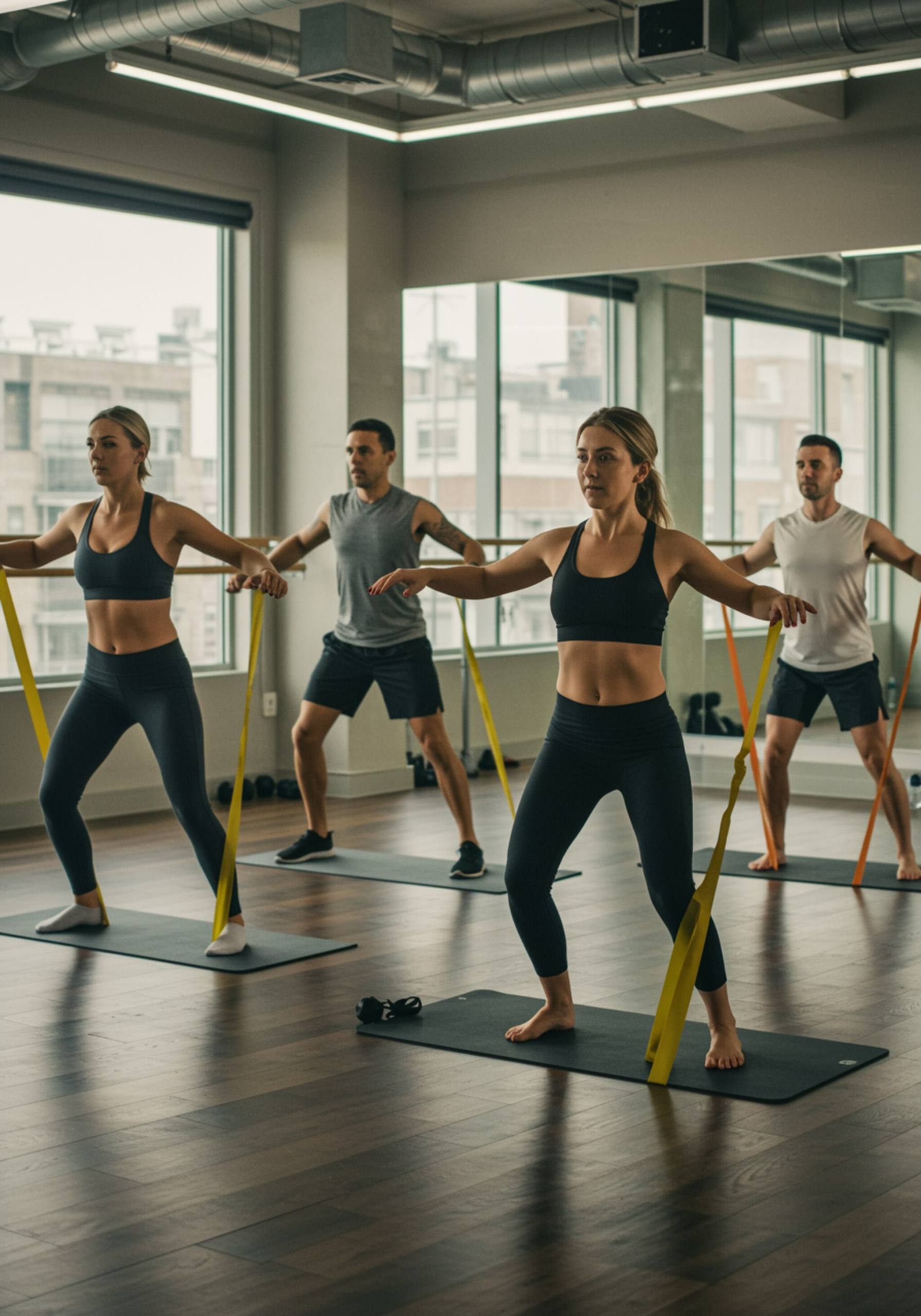 "Grupo diverso realizando ejercicios de fuerza y respiración en un moderno estudio de fitness, guiados por un entrenador, con luz natural y un ambiente motivador."