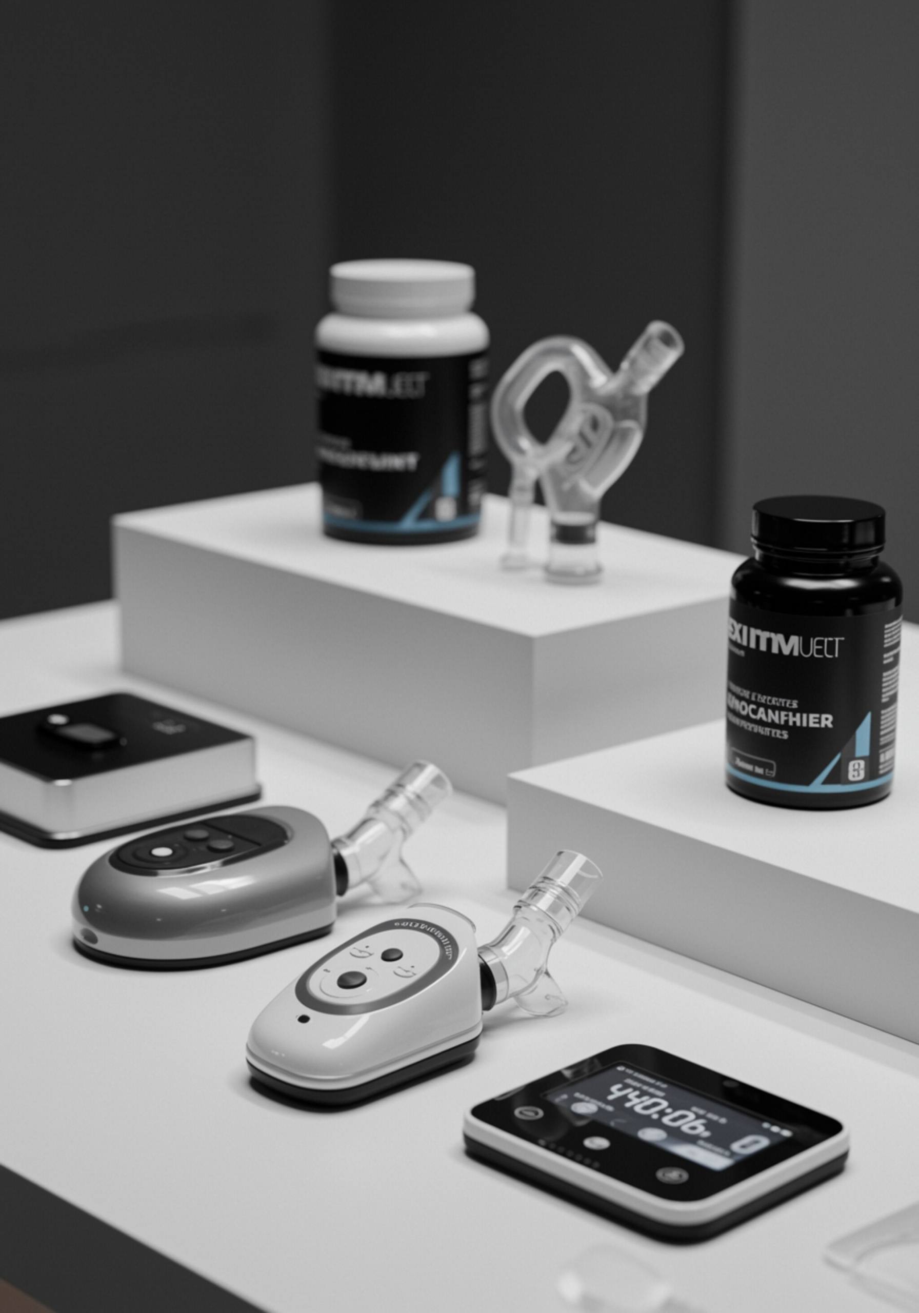 "Imagen de una tienda online que muestra dispositivos de entrenamiento de músculos respiratorios y productos de nutrición deportiva sobre una mesa blanca minimalista, con un diseño moderno y atractivo para comprar herramientas de entrenamiento basadas en evidencia."