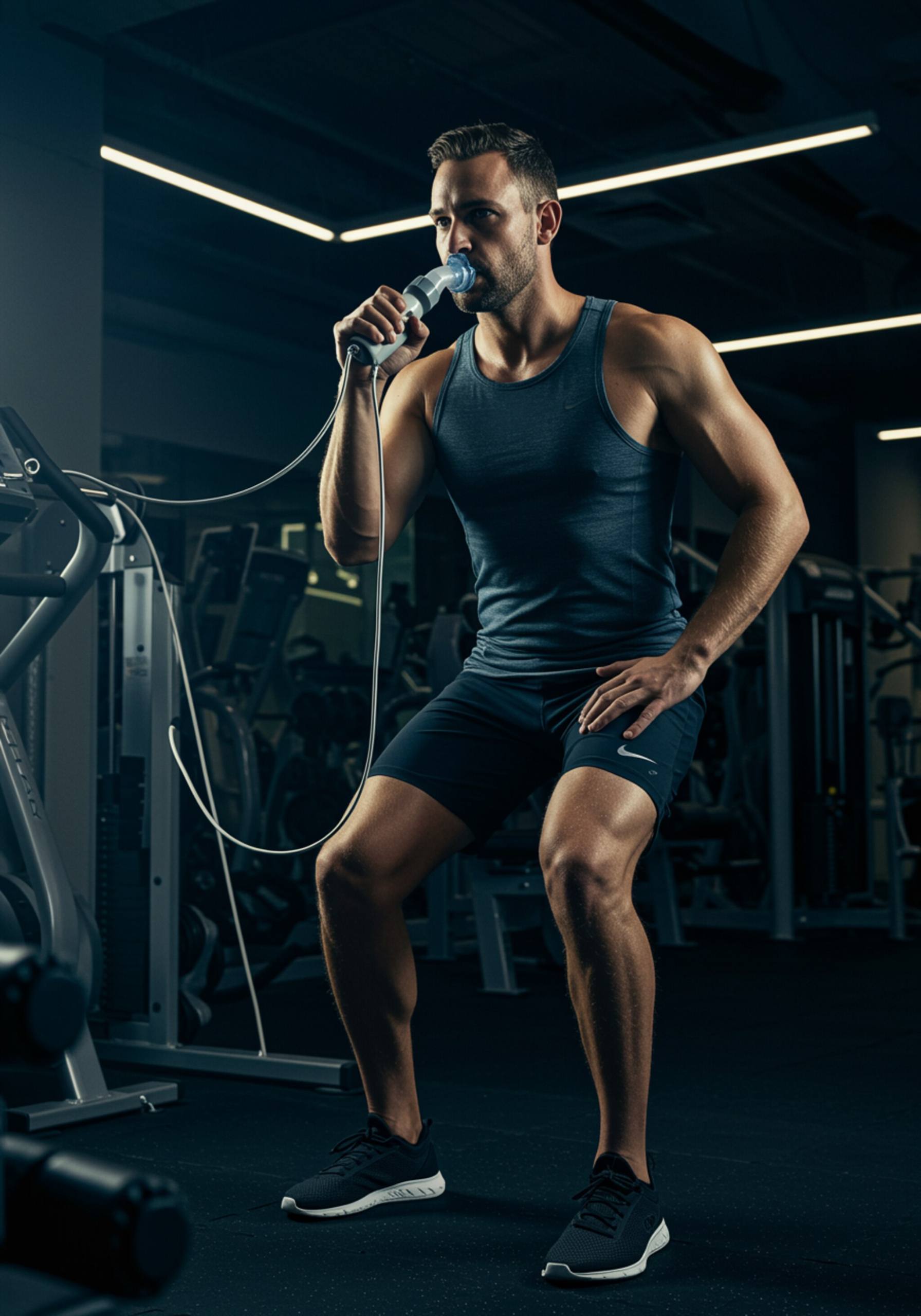 "Atleta en forma realizando entrenamiento de músculos respiratorios con un dispositivo en un gimnasio moderno, destacando su definición muscular y el equipo de fitness."
